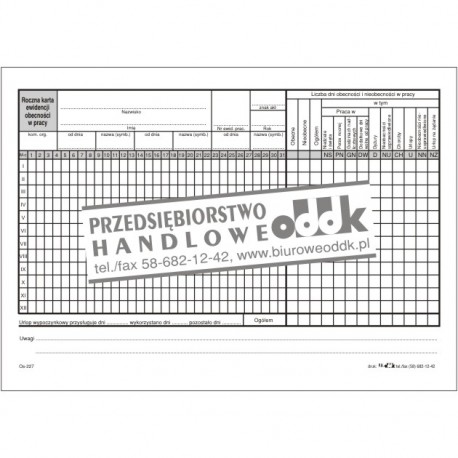 Roczna karta ewidencji obecności w pracy A5